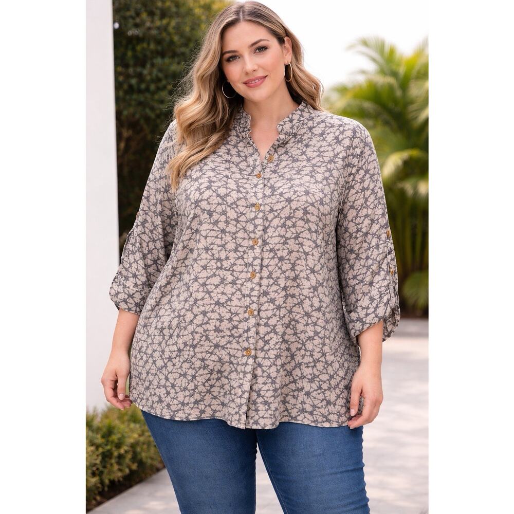 John Mark Cream Geometric Button Front Tunic Shirt Boho Lagenlook Womens Plus 2x